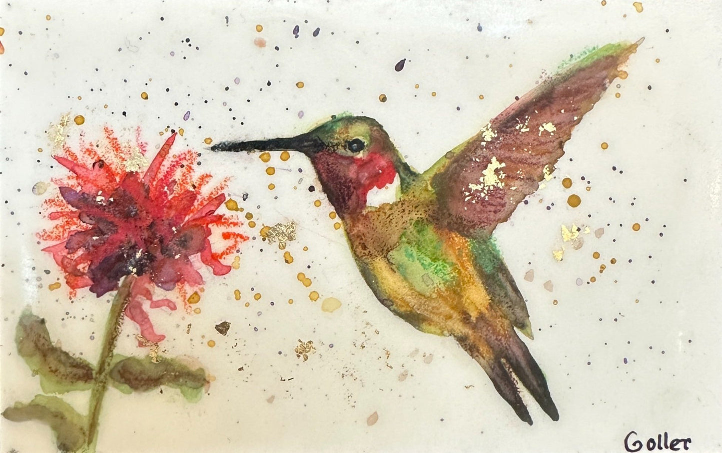 ***SOLD*** Carrie Goller - Original Green Hummingbird with Flower Miniature Painting 3 x 4.75 - Encaustic/Watercolor/Gold Leaf