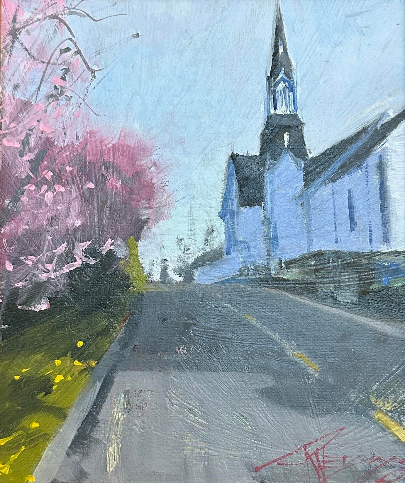 ***SOLD, Prints available*** ROBIN WEISS - First Lutheran Church Spring, Poulsbo plein air oil, 8x10 (framed)