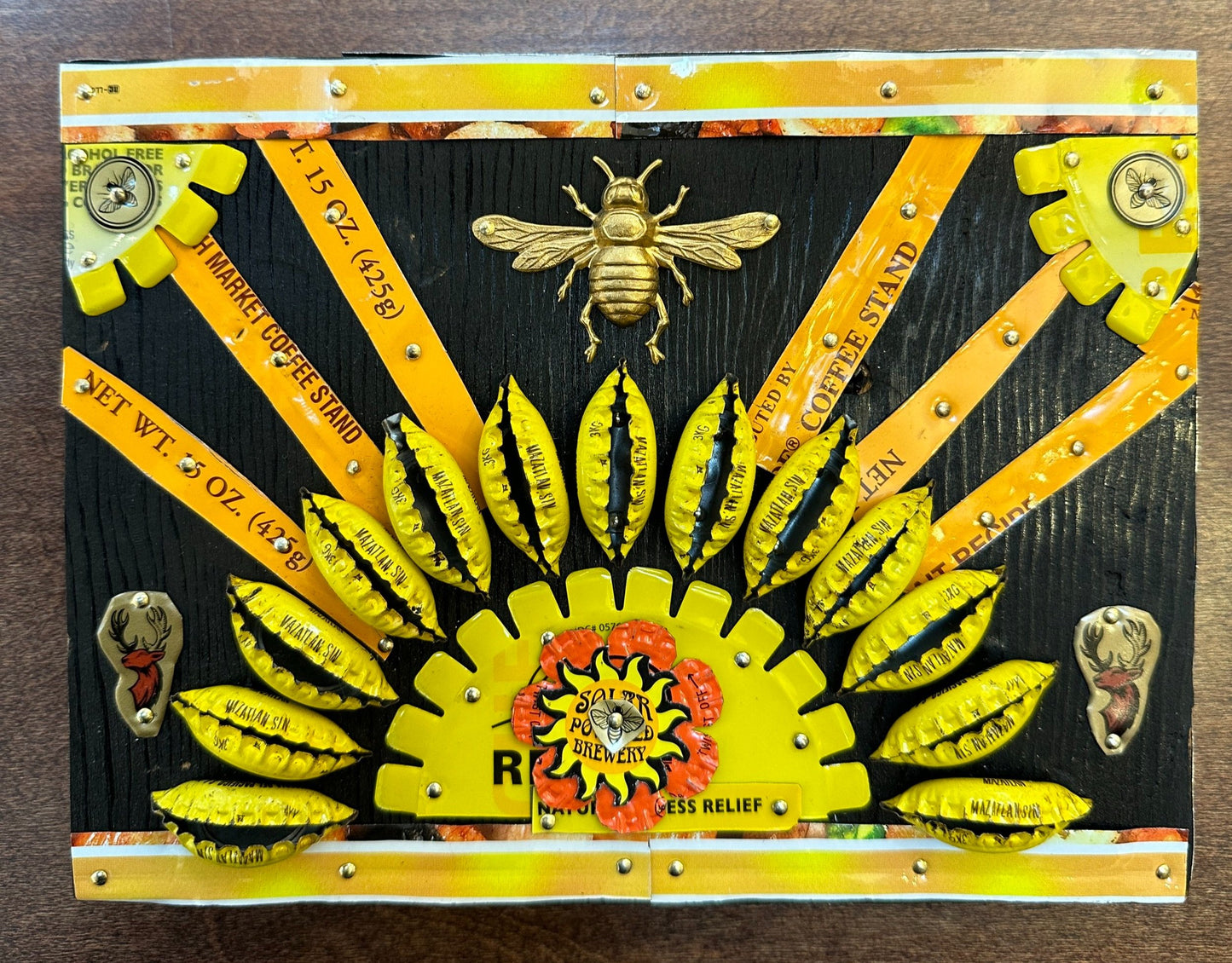 ***SOLD***Loran Scruggs - Sun & Bee, 6x8 - Recycled Tin Art