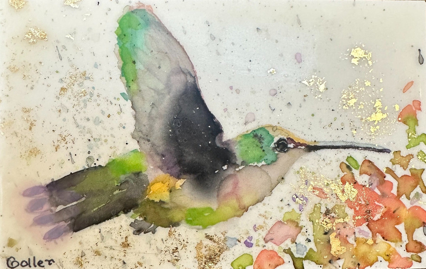 ***SOLD***Carrie Goller - Original Green Hummingbird with Flower Miniature Painting 3 x 4.75 - Encaustic/Watercolor/Gold Leaf