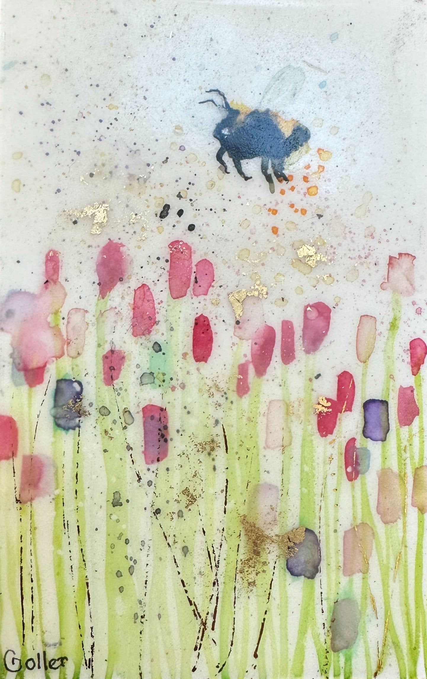 ***SOLD*** Carrie Goller - Original Bee Miniature Painting 3 x 4.75 - Encaustic/Watercolor/Gold Leaf