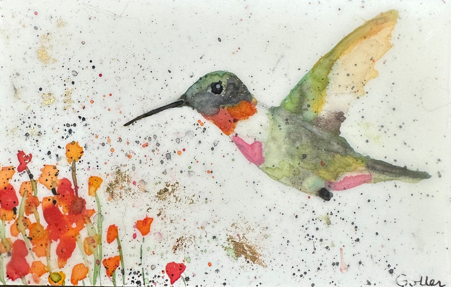 ***SOLD*** Carrie Goller - Original Green Hummingbird with Flowers Miniature Painting 3 x 4.75 - Encaustic/Watercolor/Gold Leaf