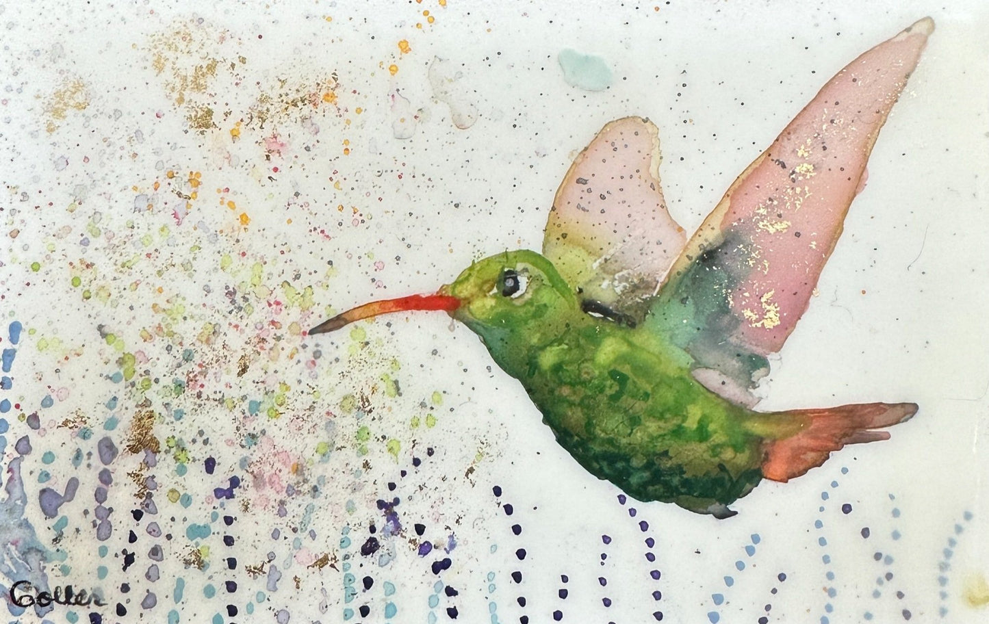 ***SOLD***Carrie Goller - Original Green Hummingbird Miniature Painting 3 x 4.75 - Encaustic/Watercolor/Gold Leaf