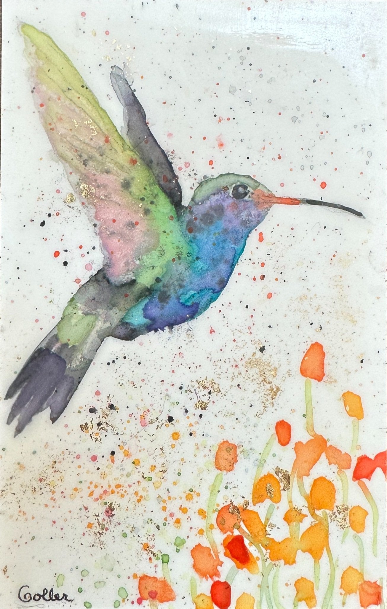 ***SOLD***Carrie Goller - Original Blue and Green Hummingbird with Flowers Miniature Painting 3 x 4.75 - Encaustic/Watercolor/Gold Leaf