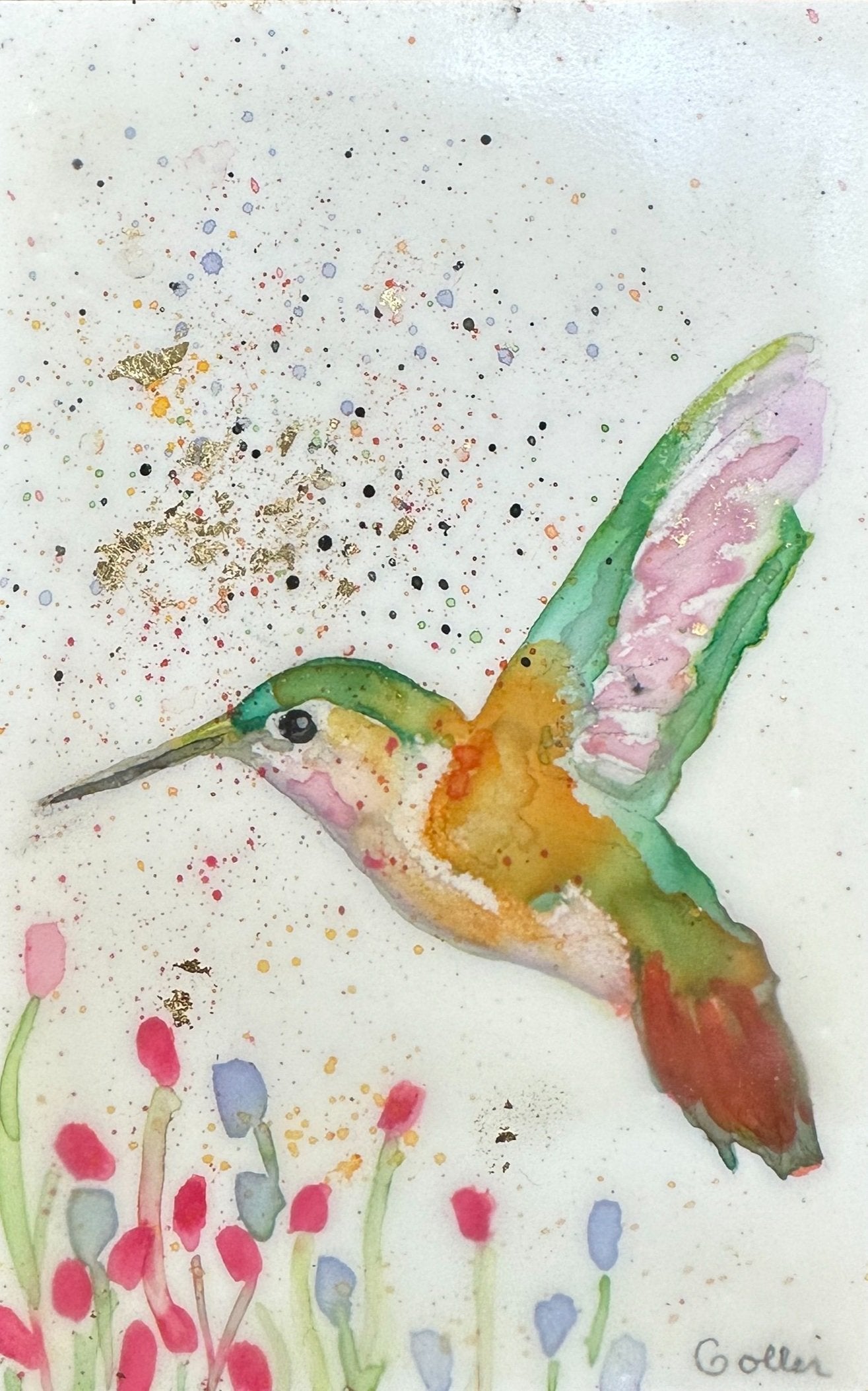***SOLD***Carrie Goller - Original Orange and Green Hummingbird with Flowers Miniature Painting 3 x 4.75 - Encaustic/Watercolor/Gold Leaf