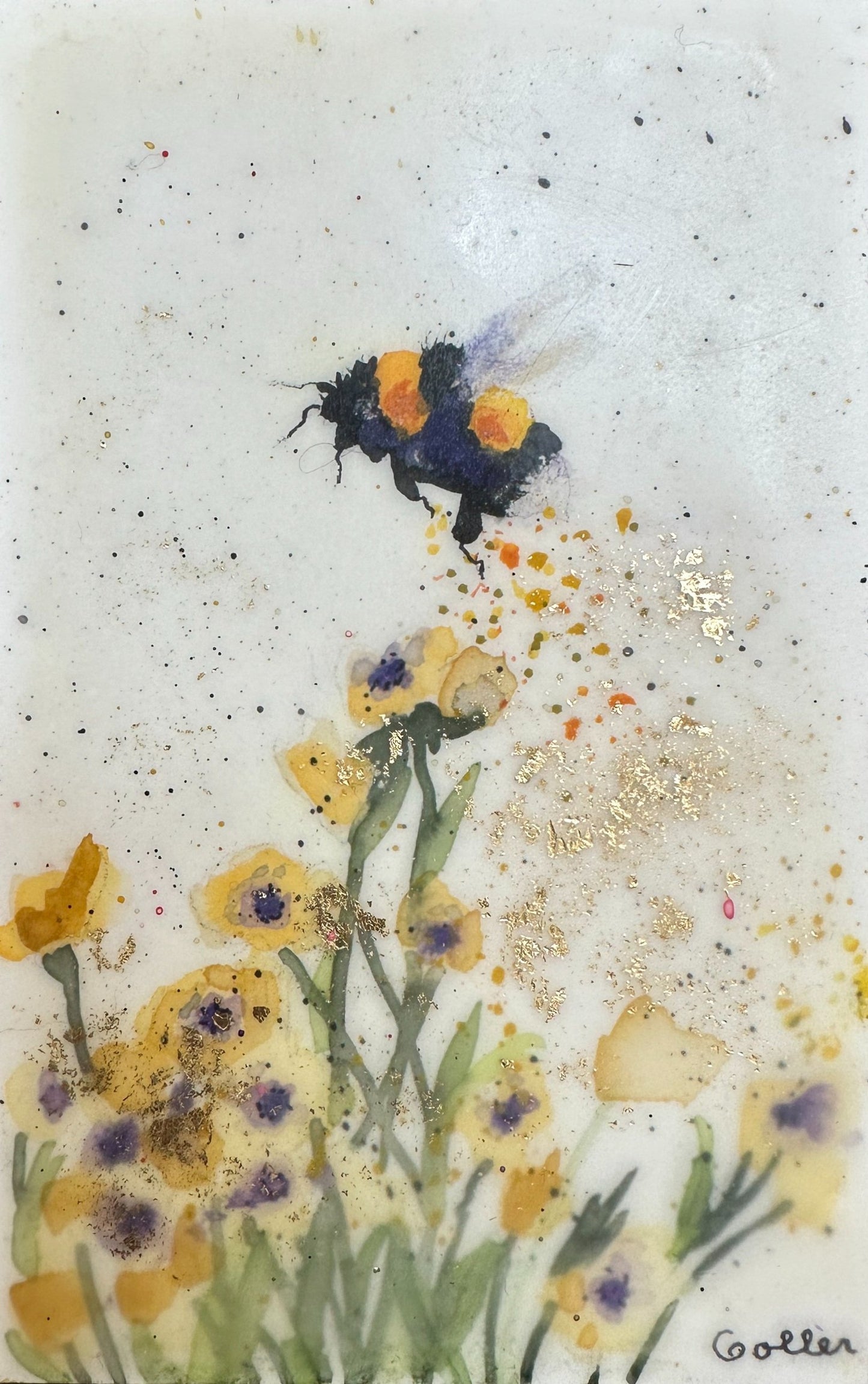 ***SOLD*** Carrie Goller - Original Bee Miniature Painting 3 x 4.75 - Encaustic/Watercolor/Gold Leaf