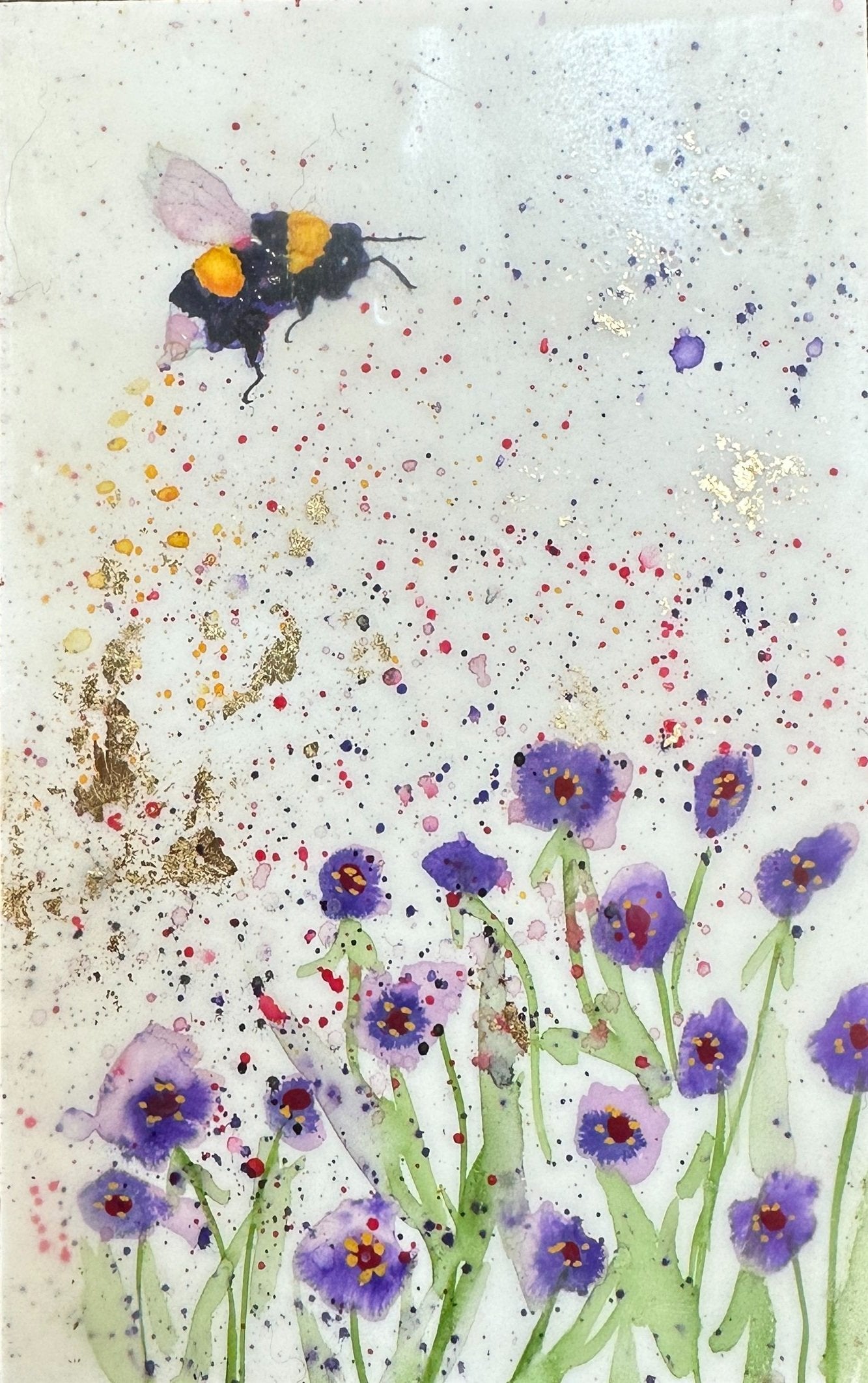 ***SOLD*** Carrie Goller - Original Bee Miniature Painting 3 x 4.75 - Encaustic/Watercolor/Gold Leaf