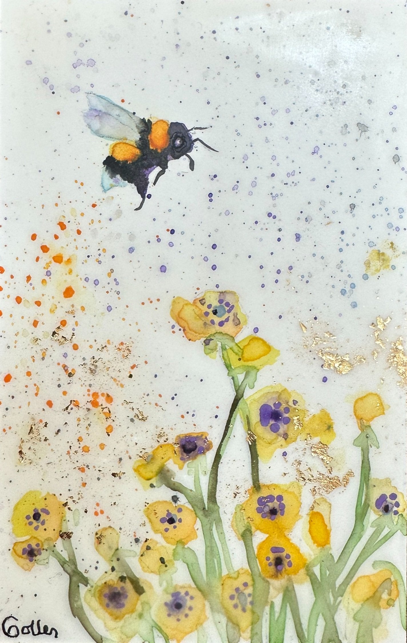 ***SOLD***Carrie Goller - Original Bee Miniature Painting 3 x 4.75 - Encaustic/Watercolor/Gold Leaf