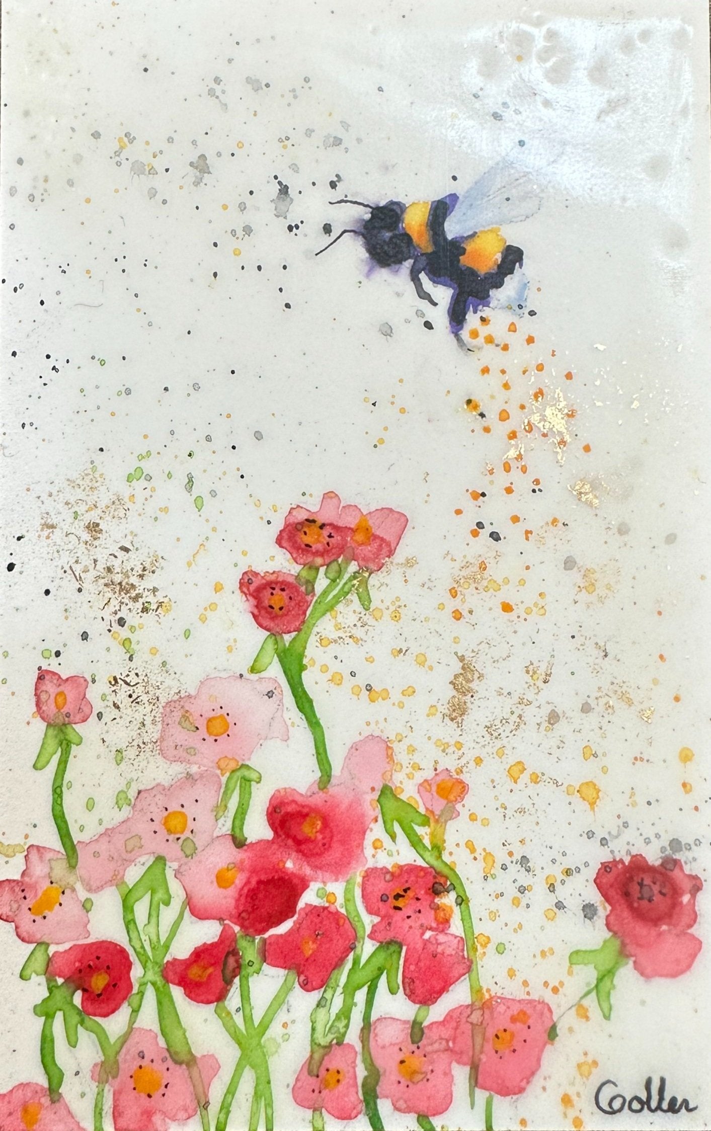 ***SOLD***Carrie Goller - Original Bee Miniature Painting 3 x 4.75 - Encaustic/Watercolor/Gold Leaf