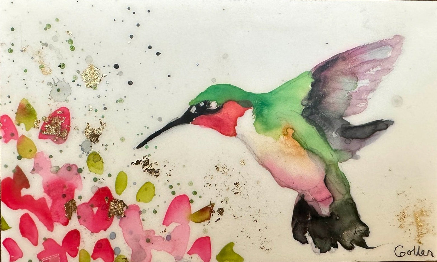 ***SOLD*** Carrie Goller - Original Green Hummingbird with Flowers Miniature Painting 3 x 4.75 - Encaustic/Watercolor/Gold Leaf