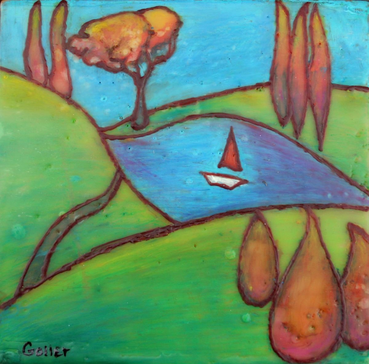 Carrie Goller - Idyllic 34, encaustic on 1.5" wood block, 5x5