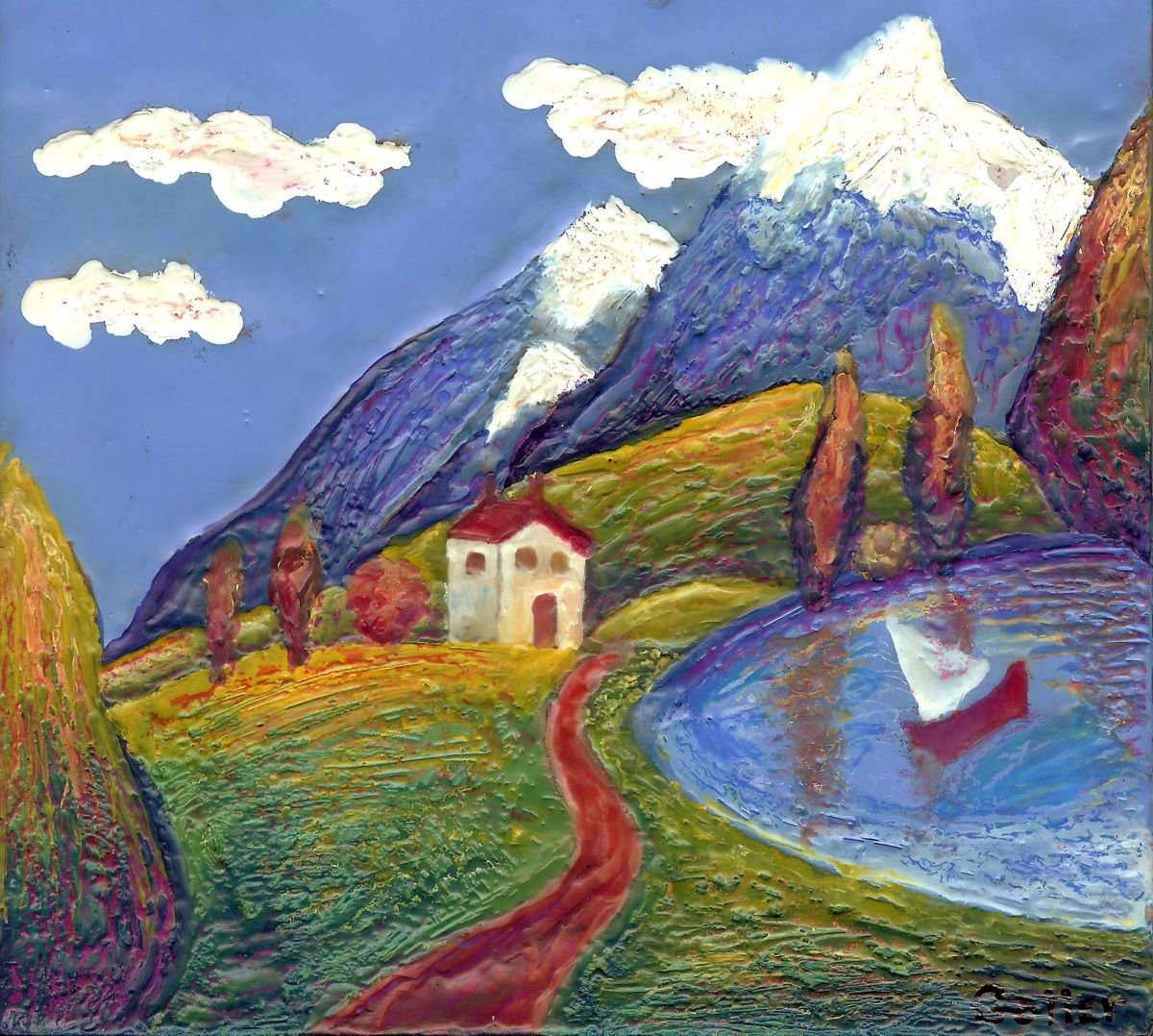 Carrie Goller - Idyllic 46, encaustic on 1.5" wood block, 5.75 x 6