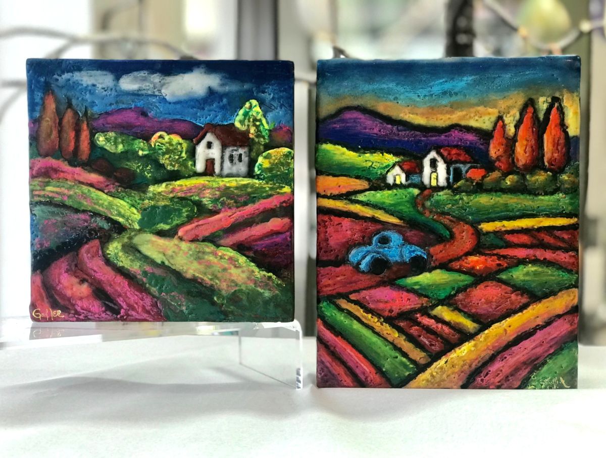 Carrie Goller - Idyllic 62, encaustic on 1.5" wood block, 7x5