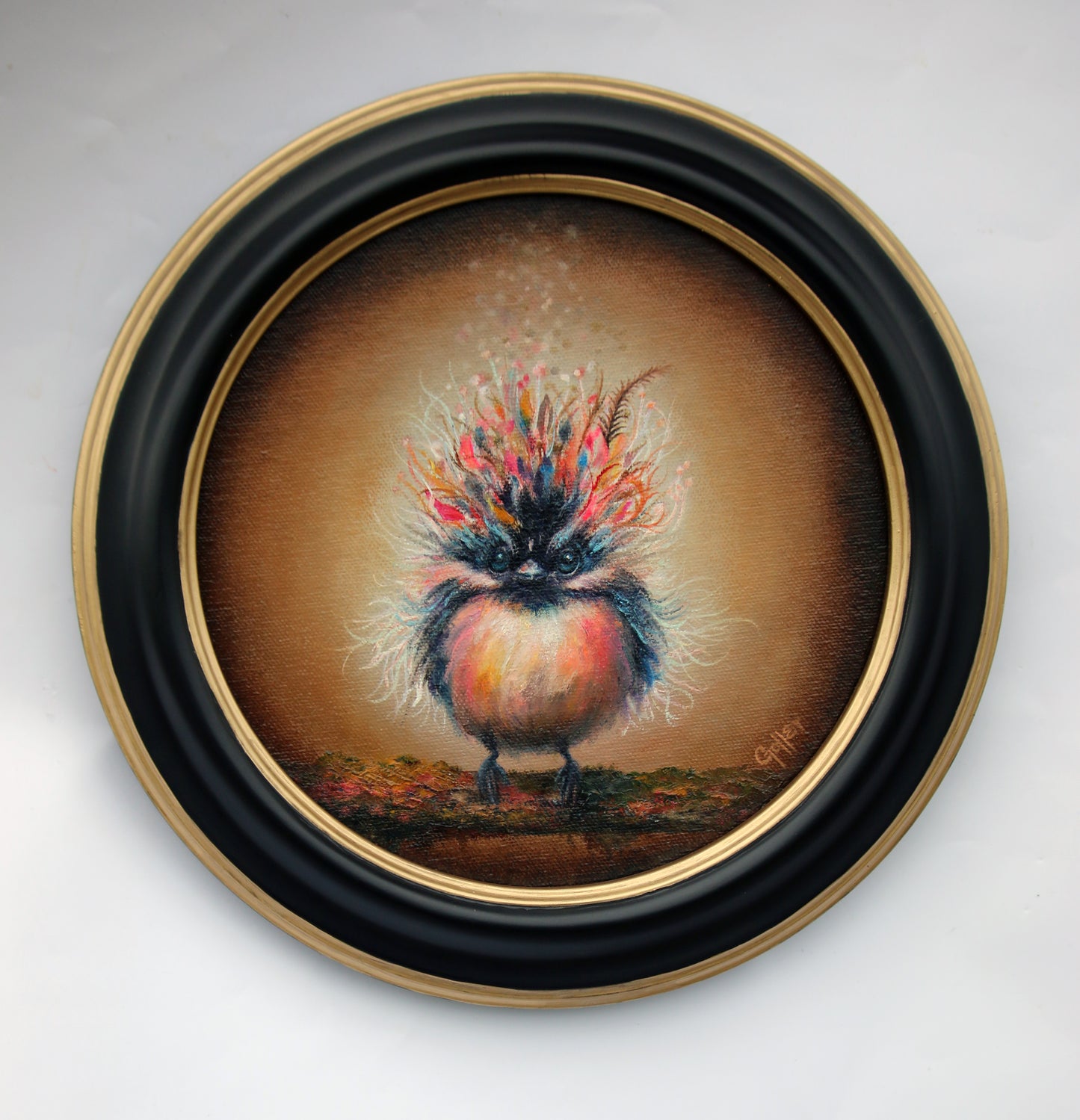 CARRIE GOLLER - Ignatz (Floriferous Chickadee Bird), Original Oil, 8x8. ***At Rehs Contemporary Galleries, NYC; please inquire at (212) 355-5710***