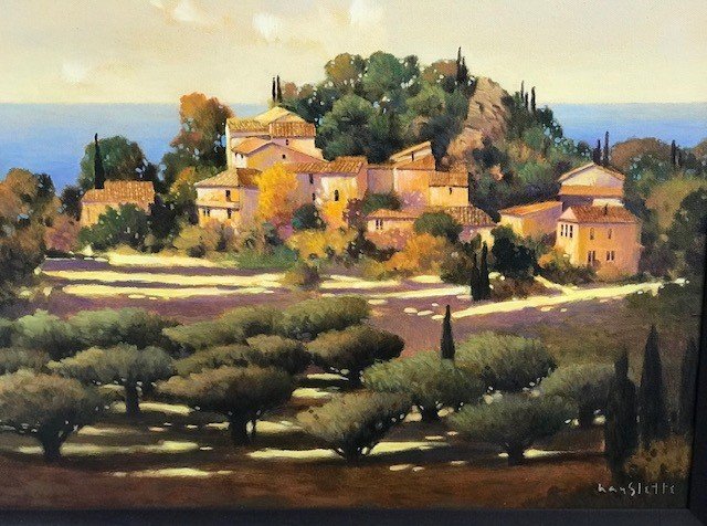 Prints available, original ***SOLD*** MAX HAYSLETTE - Matthews collection, Untitled (Italian Village), Original Oil on Canvas, 16x20 (50% of proceeds benefits Kitsap Community Foundation)