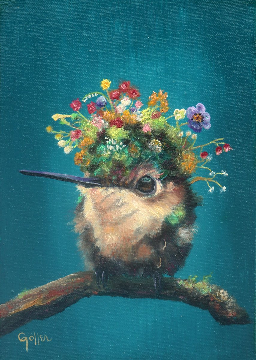Prints available, original ***SOLD*** CARRIE GOLLER - Jade (Floriferous Collection Hummingbird) Oil on linen panel 7x5 (framed) ***At Rehs Contemporary Galleries, NYC (212) 355-5710***