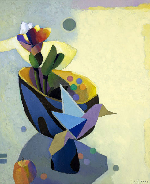 Prints available, original ***SOLD*** MAX HAYSLETTE - Japonica Botanica with Origami Bird (HMOC 1662) Oil and Mixed Media, 36x44