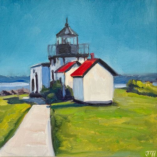 ***SOLD*** JILL ZACOT - Point No Point Lighthouse, oil 6x6