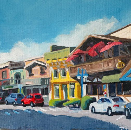 ***SOLD*** JILL ZACOT - Red Umbrellas, oil 6x6