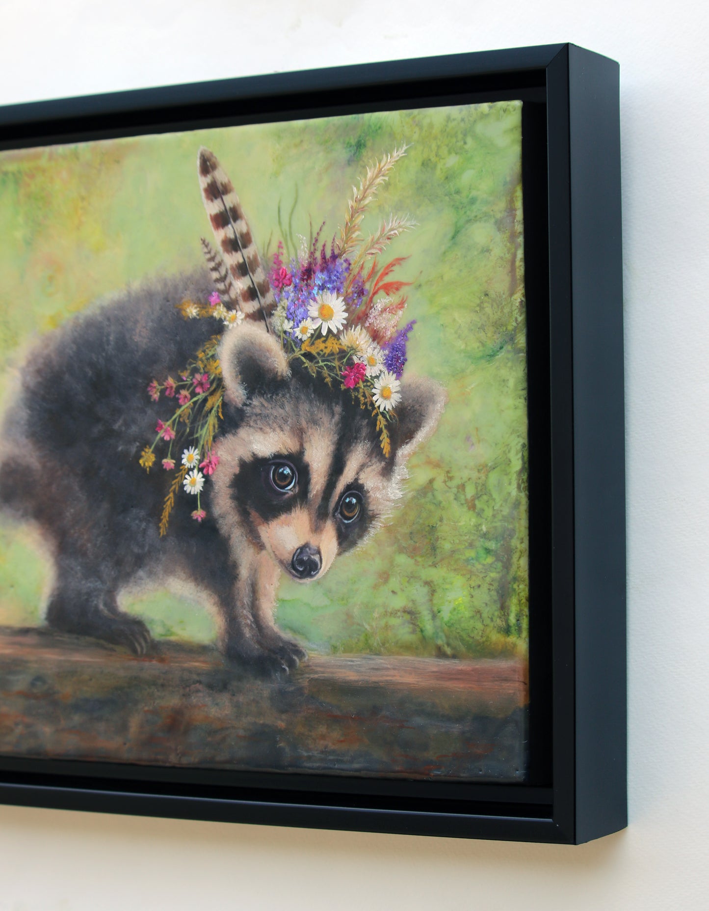 CARRIE GOLLER - Young Jimothy, Floriferous Raccoon, Mixed Media - Oil/Encaustic 14"x11" ***At Seattle Art Fair exclusively with Rehs Contemporary Galleries, NYC, please inquire at (212) 355-5710***