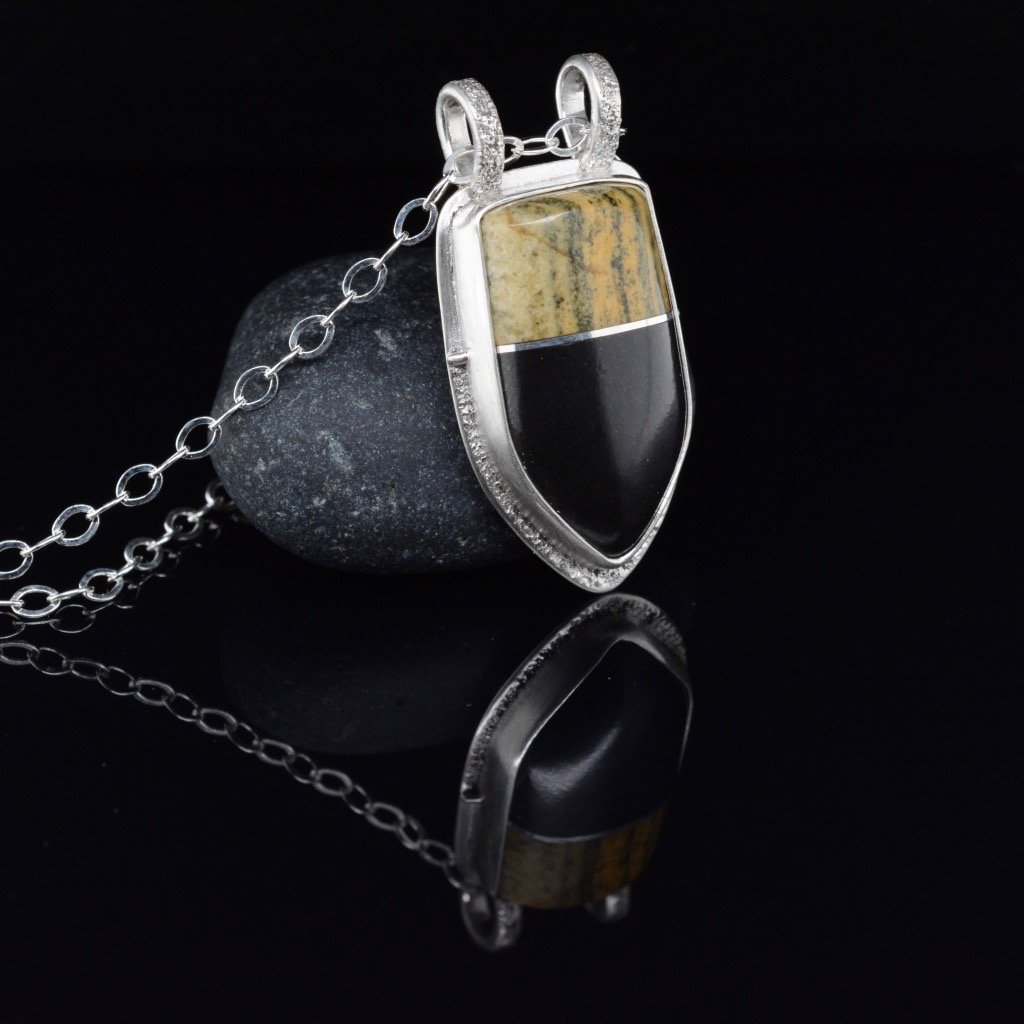 Jody Lyle - Pendant, Yellow Striped and Black Beach Rock