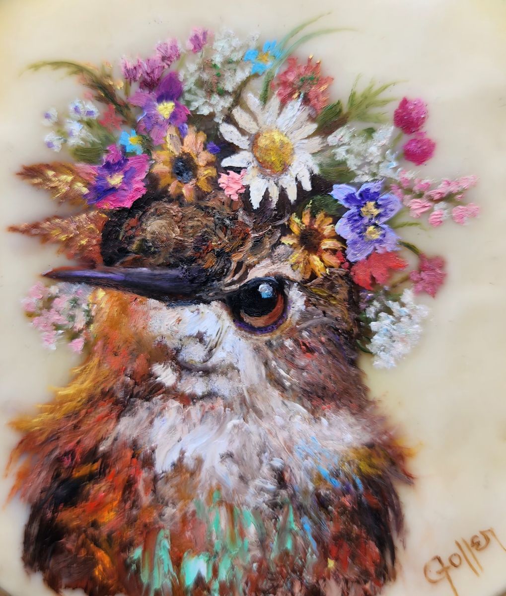 CARRIE GOLLER - Karen, Floriferous Collection (Hummingbird), Mixed media - oil/encaustic 5x5 ***At Jones & Terwilliger Galleries, Carmel, CA please inquire at (831) 626-9100***