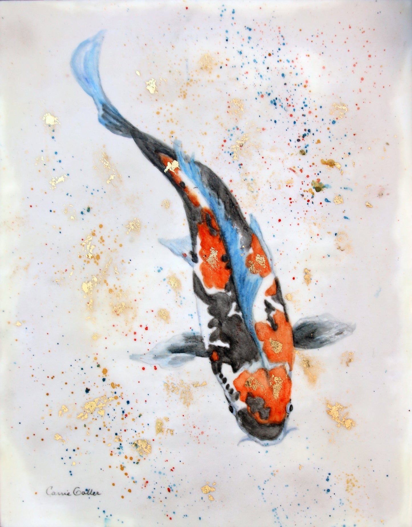 Prints available, original ***SOLD*** Carrie Goller - Koi, watercolor, encaustic, gold leaf 14x11