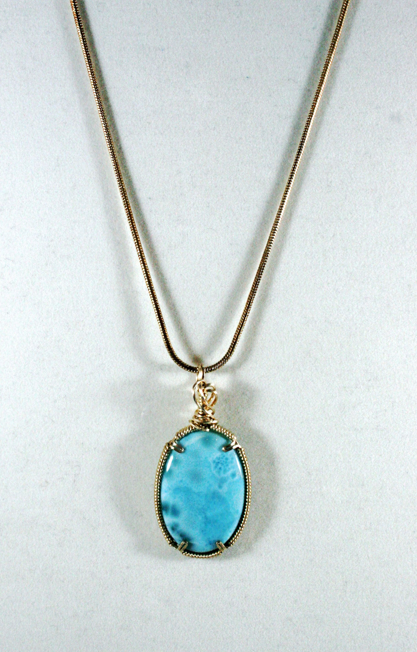 ***SOLD*** LARIMAR - CHARLES GOLLER - sterling silver wire-wrapped crystal/gemstone pendant-necklace with sterling snake chain