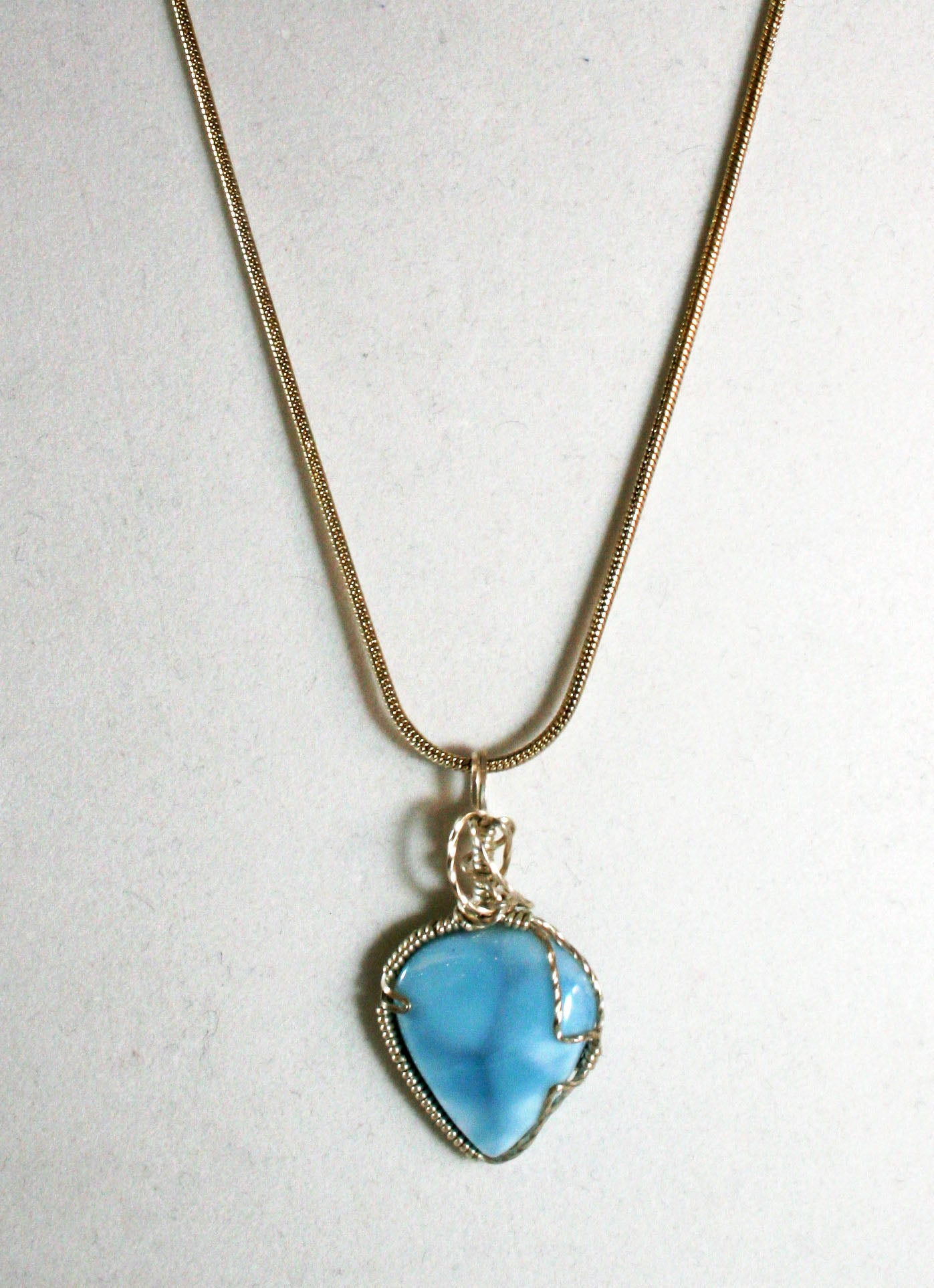 ***SOLD*** LARIMAR - CHARLES GOLLER - sterling silver wire-wrapped Larimar crystal/gemstone pendant-necklace with sterling snake chain