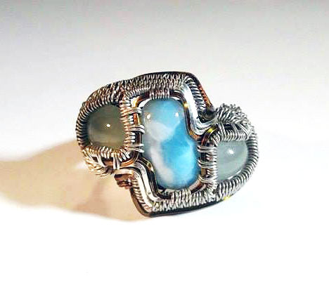 ***SOLD***CHARLES GOLLER - Larimar/Aquamarine bronze/sterling wire-wrapped crystal/gemstone ring, size 7-3/4