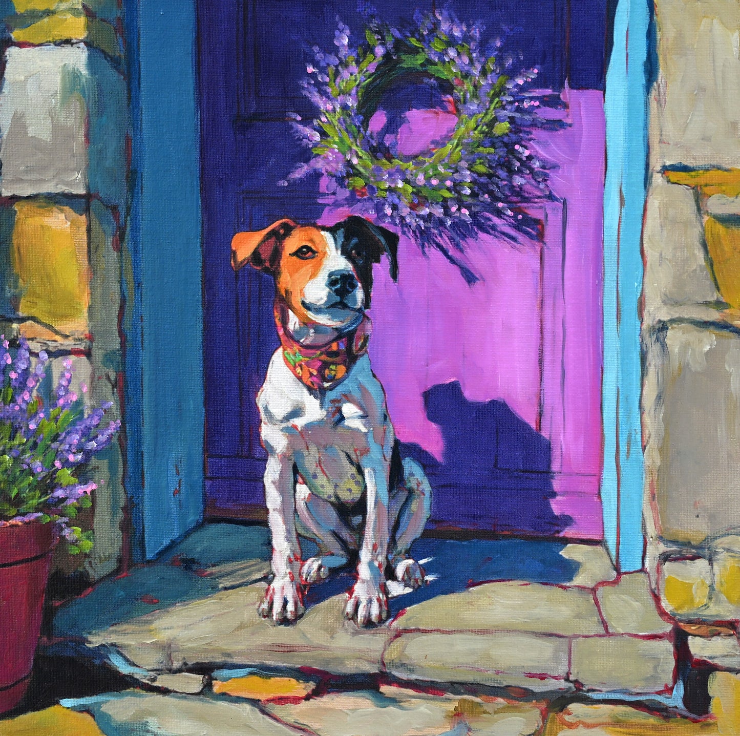 JANDI SMALL - Lavender and a Loyal Friend, Oil on canvas mounted to cradled birch panel, 16”w x 16”h x 1.5” d
