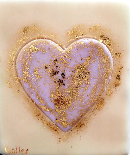 ***SOLD*** Carrie Goller - Lavender Heart of Gold on White, encaustic/gold leaf 4X3.5