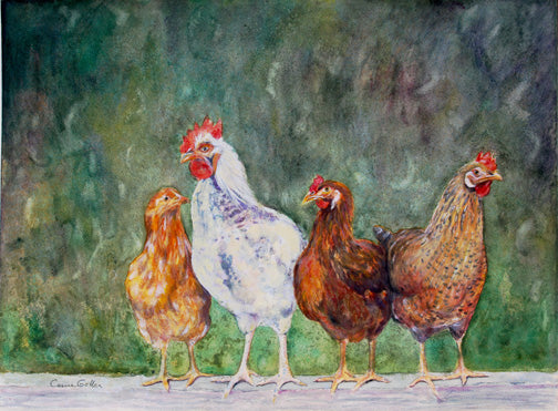 Prints available, original ***SOLD*** Linda's Chickens, watercolor 18x24