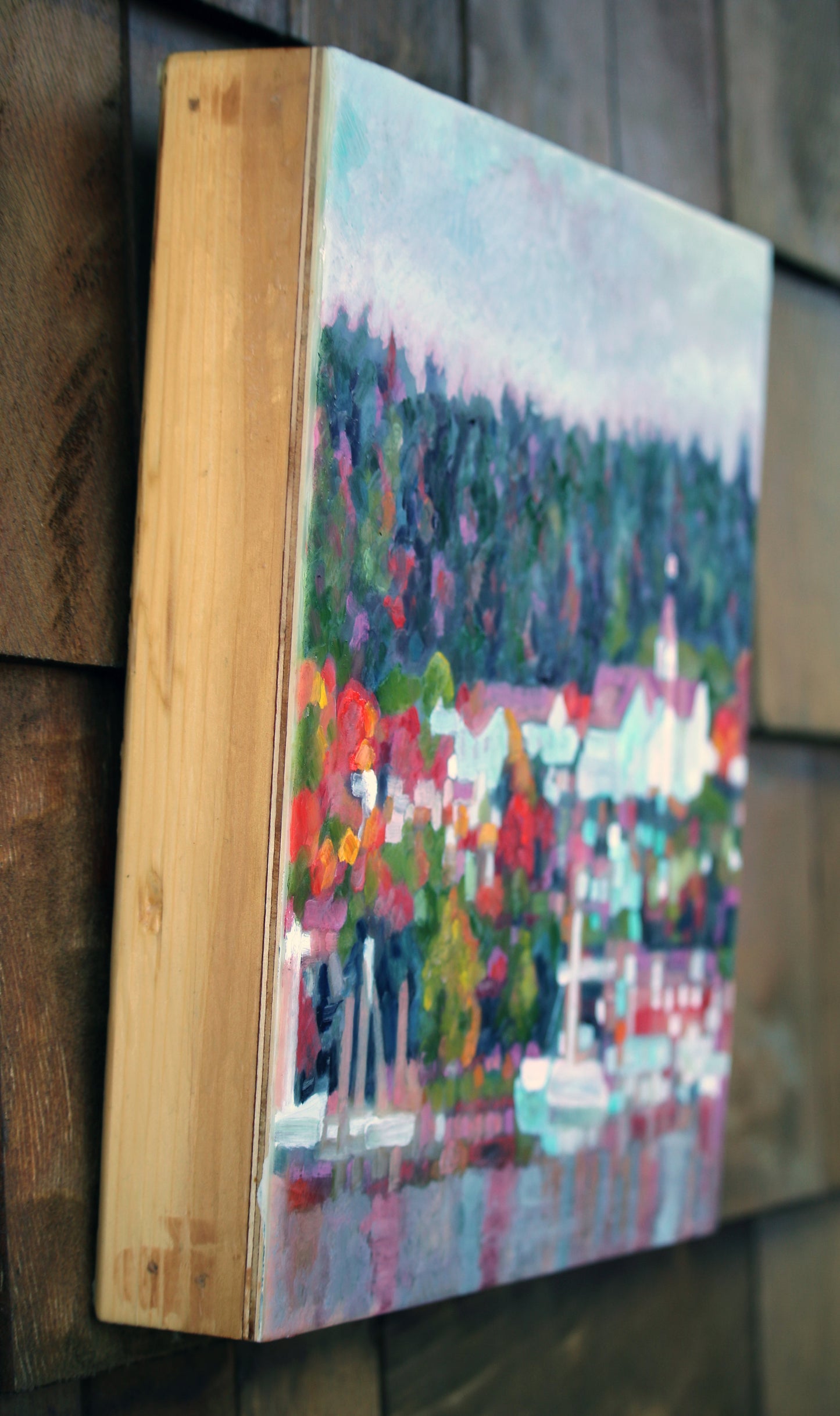 Prints available, original***SOLD***Little Norway (Poulsbo) Autumn - Encaustic/Oil 12x12