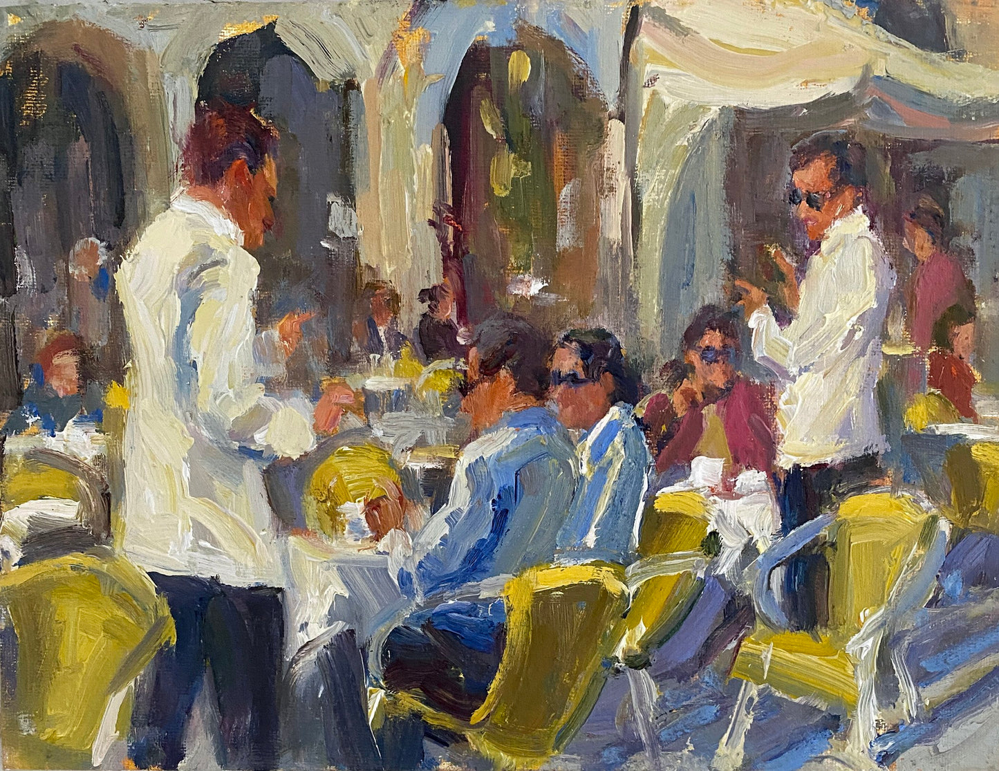 JEANNE EDWARDS - Lively Plaza (St. Mark's Square), oil on panel (framed) 9x12