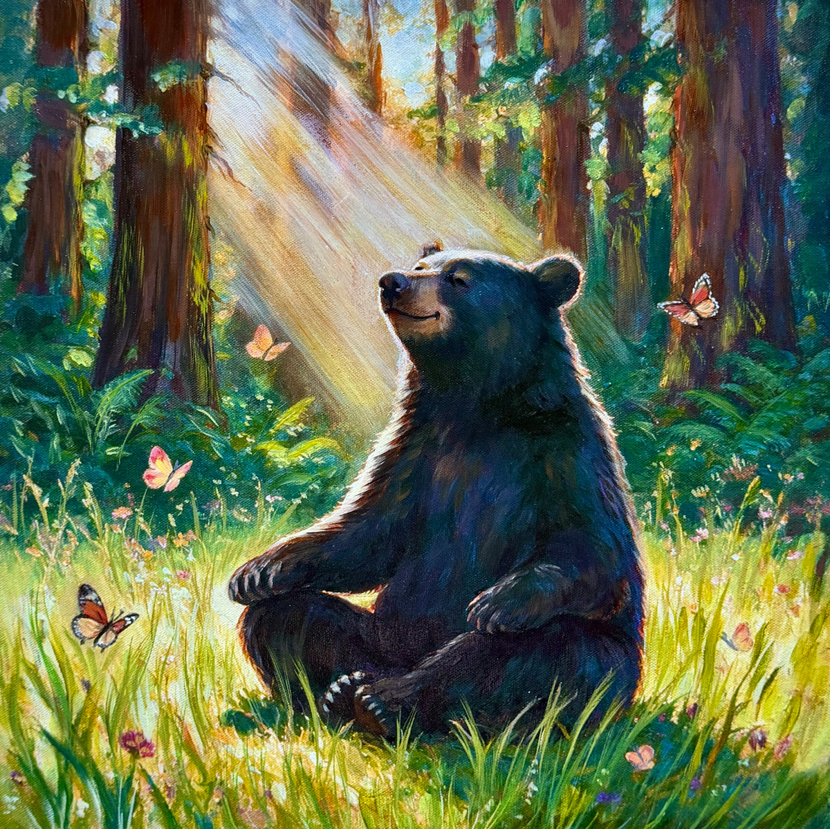 JANDI SMALL - Yoga Bear - Lotus Pose, Oil on canvas panel, 16x16