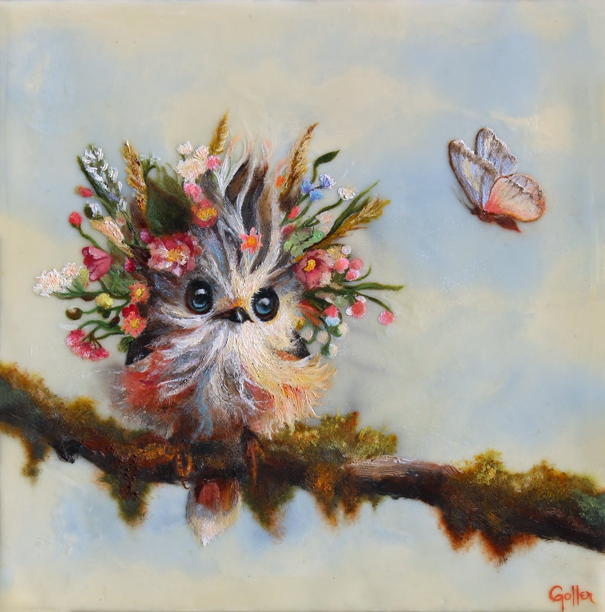 Prints available, original ***SOLD*** CARRIE GOLLER - Lucy (Wowl, Floriferous Collection), Mixed Media - Oil/Encaustic 8x8 ***At Rehs Contemporary Galleries, NYC***