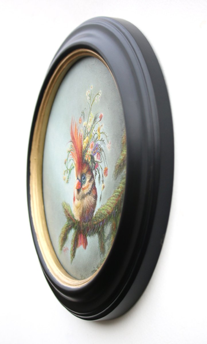 Prints available, original ***SOLD*** CARRIE GOLLER - Madrigal (Floriferous Collection Cardinal Bird), oil 8x8 ***At Jones & Terwilliger Galleries, Carmel, CA please inquire at (831) 626-9100***