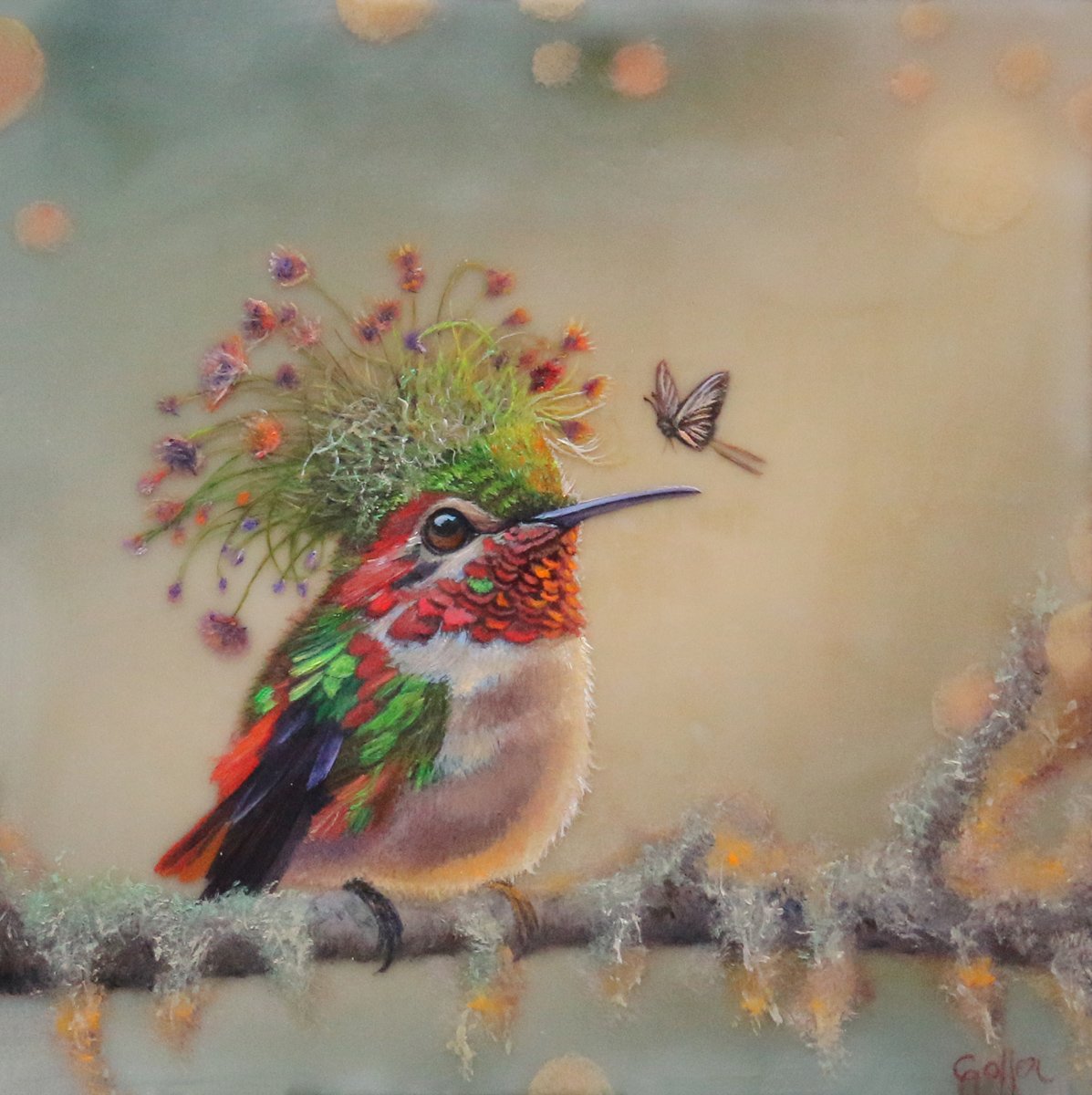 Prints available, original ***SOLD*** CARRIE GOLLER - Magda (Hummingbird, Floriferous Collection), Mixed Media - Oil/Encaustic 8x8 ***At Jones & Terwilliger Galleries***