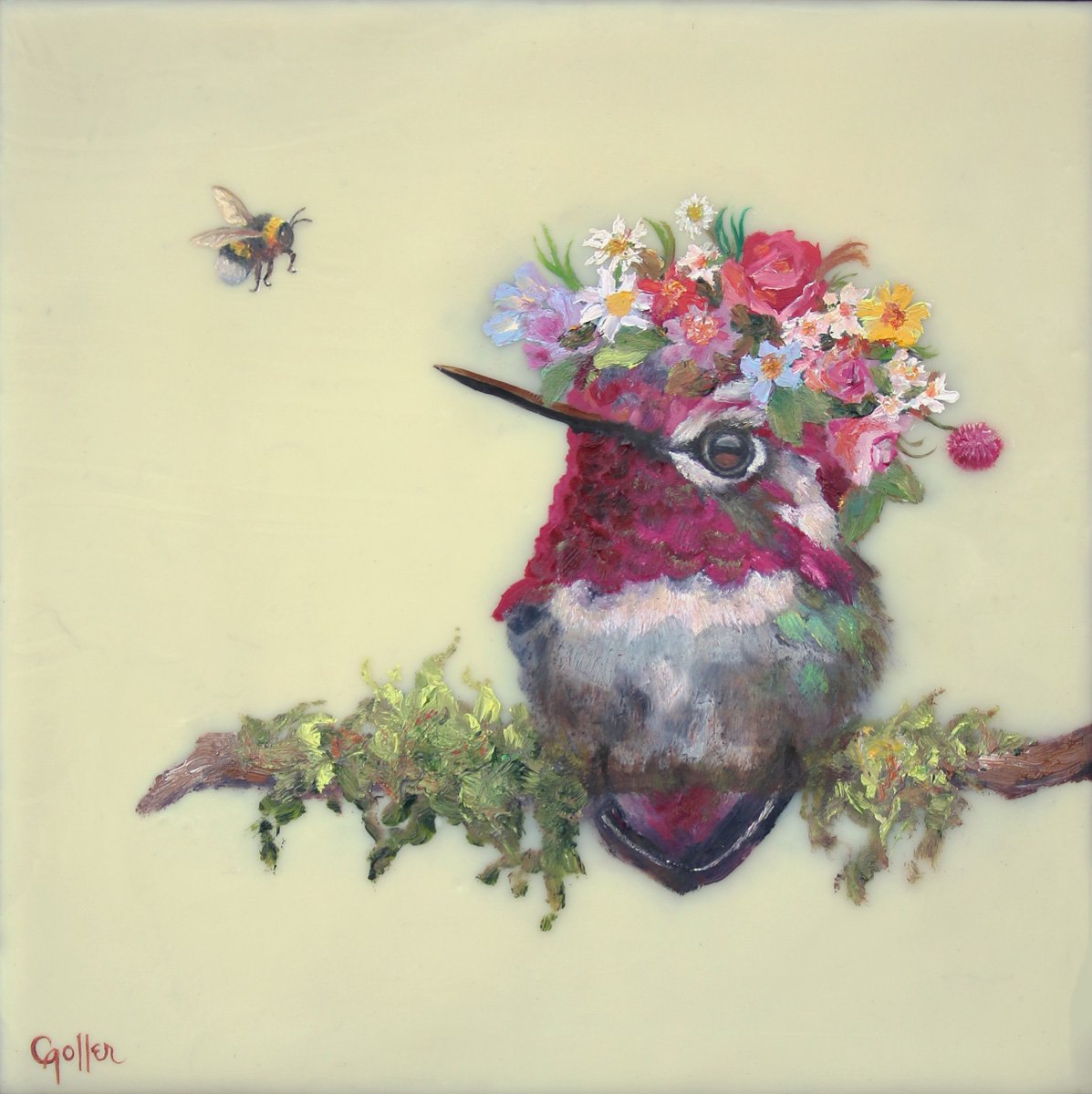 Prints available, original ***SOLD*** CARRIE GOLLER - Magenta (Hummingbird, Floriferous Collection), Mixed Media - Oil/Encaustic 8x8 ***At Jones & Terwilliger Galleries***