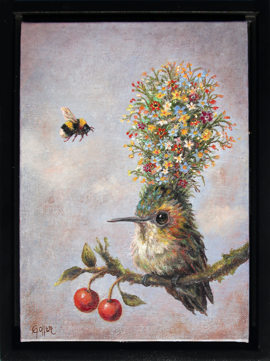 CARRIE GOLLER - Marj (Floriferous Bouffant Collection Hummingbird) original oil on linen panel 7x5 (framed)