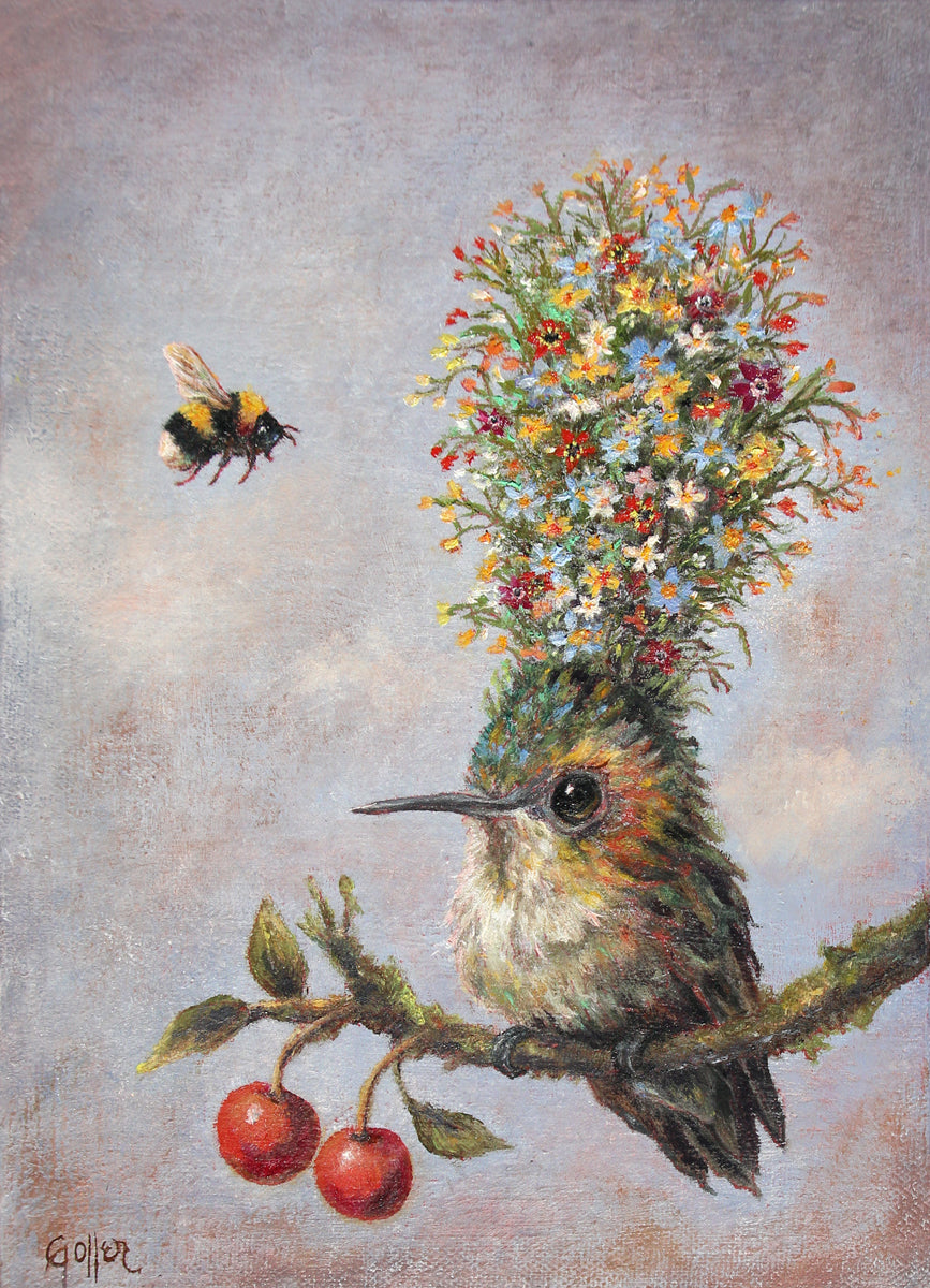 CARRIE GOLLER - Marj (Floriferous Bouffant Collection Hummingbird) original oil on linen panel 7x5 (framed)