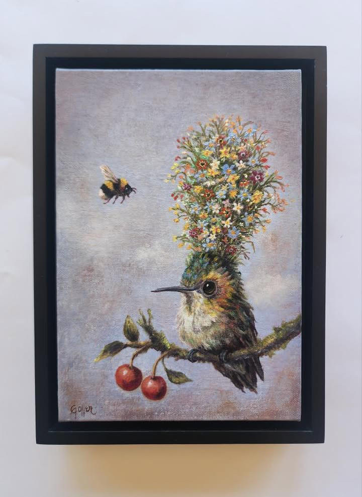 Prints available, original ***SOLD*** CARRIE GOLLER - Marj (Floriferous Bouffant Collection Hummingbird) original oil on linen panel 7x5 (framed) ***At Rehs Contemporary Galleries, NYC, please inquire at (212) 355-5710***