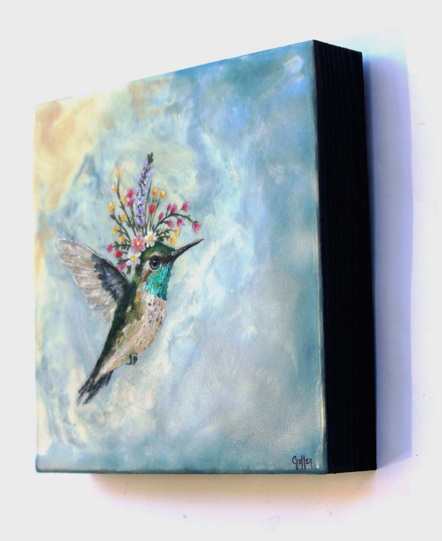 CARRIE GOLLER - Maxine, Floriferous collection (hummingbird), 8x8 Mixed Media - Oil/Encaustic