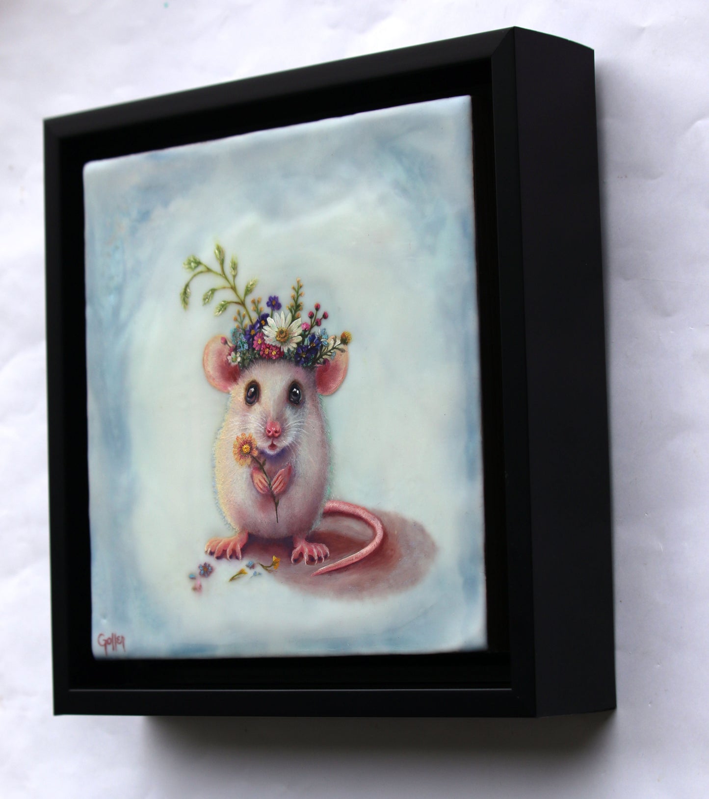 CARRIE GOLLER - Mayday, Floriferous Mouse, Original Oil and encaustic 8"x8" *** Available at Signet Contemporary Art, London for AAF Austin, TX***