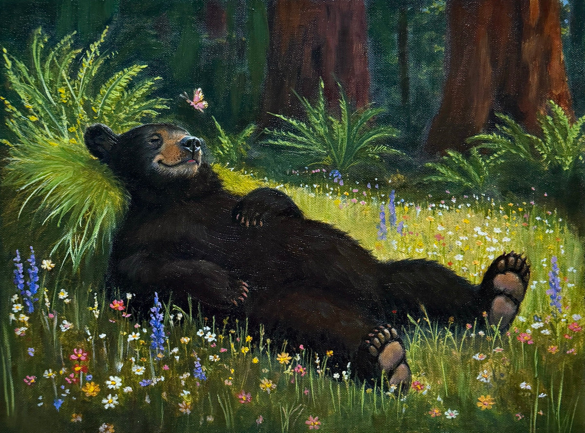 JANDI SMALL - Yoga Bear - Meadow Meditation, Oil on canvas panel, 16x12