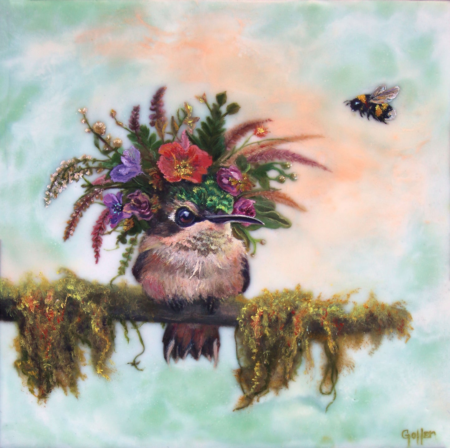 CARRIE GOLLER - Merci (Floriferous Collection, Hummingbird) Print, Original size 8x8