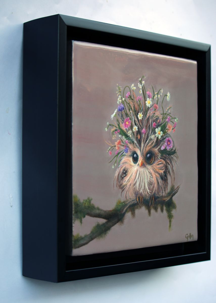 Prints available, original ***SOLD*** CARRIE GOLLER - Merlinda, Floriferous Collection (Wowl), Mixed media oil/encaustic on wood panel, 8x8 ***At Nanny Goat Gallery, Petaluma, CA for Wild Card Show please inquire at (707) 329-6388