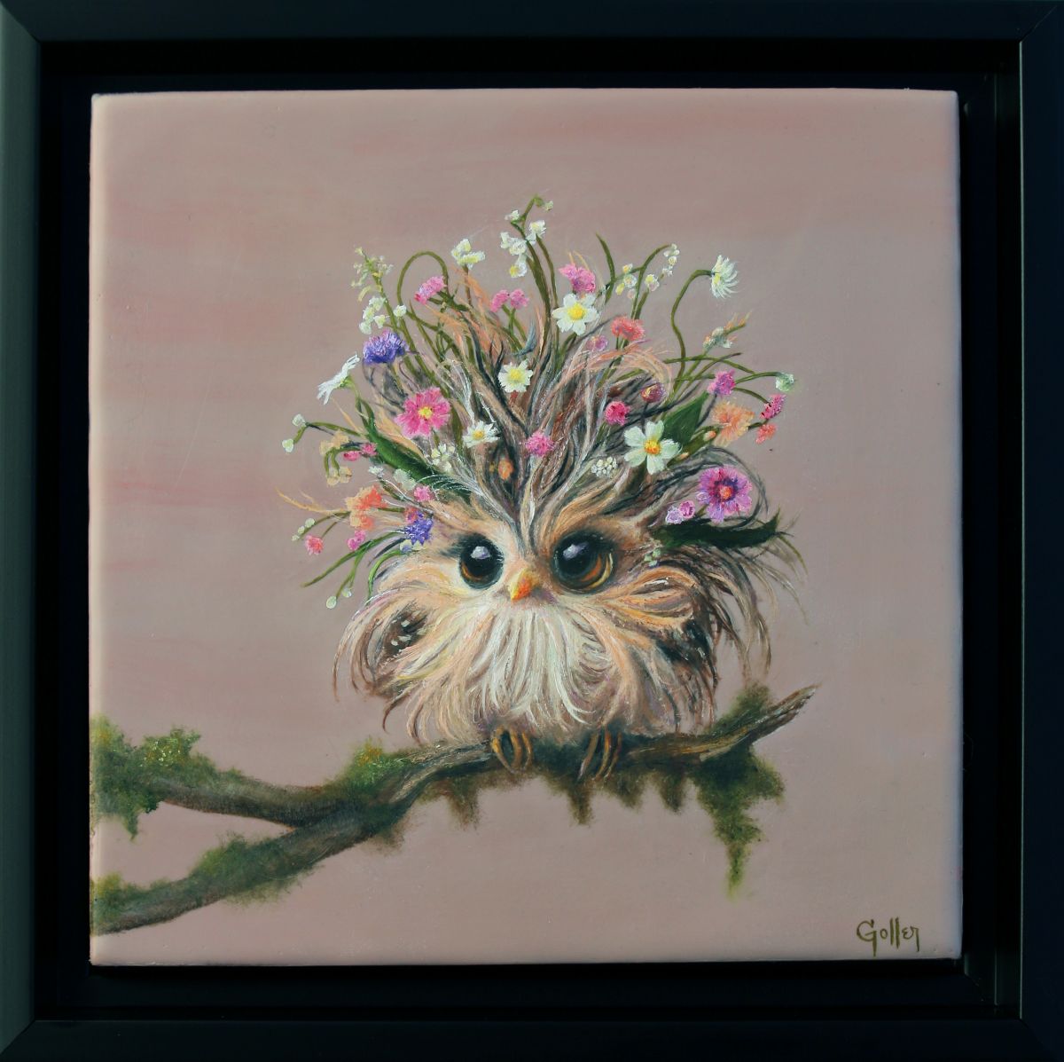 Prints available, original ***SOLD*** CARRIE GOLLER - Merlinda, Floriferous Collection (Wowl), Mixed media oil/encaustic on wood panel, 8x8 ***At Nanny Goat Gallery, Petaluma, CA for Wild Card Show please inquire at (707) 329-6388