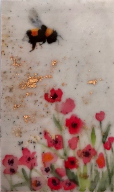***SOLD***Carrie Goller - Bumble Bee and Red Flowers, miniature encaustic giclee print with gold leaf, 3 x 4.75